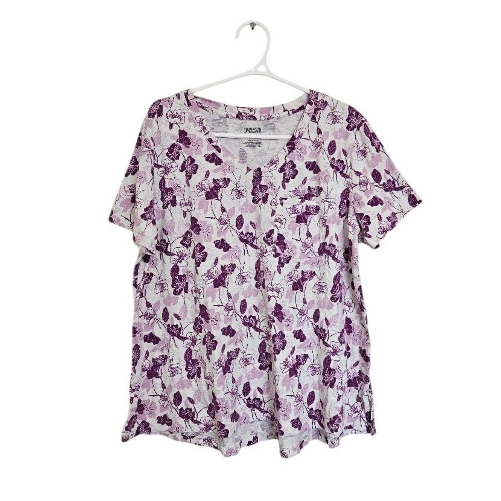 Duluth Trading Co Womens Purple Floral V-Neck Pocket T-Shirt Cotton Blend Large